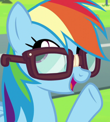 Size: 648x720 | Tagged: safe, imported from derpibooru, screencap, rainbow dash, pegasus, pony, newbie dash, adorkable, behaving like twilight sparkle, bust, cropped, cute, dashabetes, dork, egghead, egghead dash, female, glasses, mare, nerd, open mouth, rainbow dork, raised hoof, reading rainboom, smiling, solo, talking