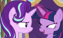 Size: 1027x630 | Tagged: safe, imported from derpibooru, screencap, starlight glimmer, twilight sparkle, alicorn, pony, unicorn, the beginning of the end, cropped, duo, female, frown, lidded eyes, looking at each other, magic, mare, open mouth, out of context, smiling, twilight sparkle (alicorn)