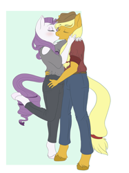 Size: 1280x1707 | Tagged: safe, artist:crashcoursemaster, imported from derpibooru, applejack, rarity, anthro, earth pony, unguligrade anthro, unicorn, blushing, clothes, cute, eyes closed, female, jackabetes, jeans, kissing, lesbian, mare, pants, passionate, raribetes, rarijack, shipping, simple background, unshorn fetlocks