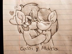 Size: 2560x1920 | Tagged: safe, artist:thebadbadger, imported from derpibooru, oc, oc only, oc:allátia, oc:cassi marinera, pony, unicorn, duo, female, heart, lesbian, lined paper, shipping, traditional art