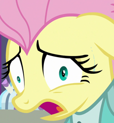 Size: 814x880 | Tagged: safe, imported from derpibooru, screencap, fluttershy, pegasus, pony, fake it 'til you make it, alternate hairstyle, close-up, clothes, cropped, derp, faic, female, floppy ears, mare, open mouth, severeshy, solo, sweat, wide eyes