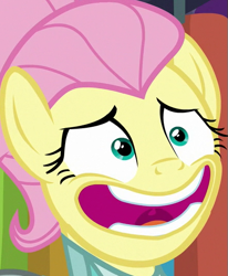 Size: 443x538 | Tagged: safe, imported from derpibooru, screencap, fluttershy, pegasus, pony, fake it 'til you make it, alternate hairstyle, bust, close-up, cropped, faic, female, mare, mawshot, open mouth, severeshy, smiling, solo, uvula, wide eyes