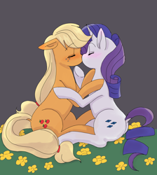 Size: 2448x2738 | Tagged: safe, artist:haibaratomoe, imported from derpibooru, applejack, rarity, earth pony, pony, unicorn, blushing, cute, dock, duo, eyes closed, female, jackabetes, kissing, lesbian, mare, raribetes, rarijack, shipping, sitting