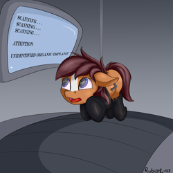 Size: 1772x1772 | Tagged: safe, artist:rubiont, imported from derpibooru, oc, oc:wireless fuzz, cyborg, earth pony, pony, amputee, caught, conveyor belt, error, factory, factory error, female, filly, monitor, prosthetic limb, prosthetics, scared, solo