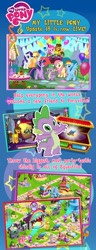 Size: 600x1557 | Tagged: safe, imported from derpibooru, applejack, cheese sandwich, fluttershy, pinkie pie, rainbow dash, rarity, spike, twilight sparkle, alicorn, apple, balloon, food, gameloft, mane six, party cannon, party tank, pie, strawberry, twilight sparkle (alicorn)