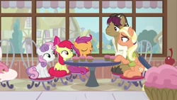 Size: 1920x1080 | Tagged: safe, imported from derpibooru, screencap, apple bloom, mane allgood, scootaloo, snap shutter, sweetie belle, pony, the last crusade, clothes, cupcake, cutie mark crusaders, female, food, male, shirt