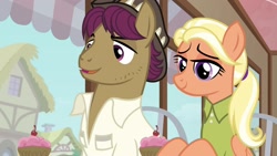 Size: 1920x1080 | Tagged: safe, imported from derpibooru, screencap, mane allgood, snap shutter, earth pony, pegasus, pony, the last crusade, clothes, cupcake, female, food, shirt