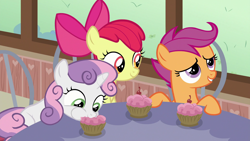 Size: 1920x1080 | Tagged: safe, imported from derpibooru, screencap, apple bloom, scootaloo, sweetie belle, earth pony, pegasus, pony, unicorn, the last crusade, cherry, cupcake, cute, cutie mark crusaders, diasweetes, eating, female, filly, foal, food, trio, weapons-grade cute