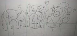 Size: 4887x2283 | Tagged: safe, artist:徐詩珮, imported from derpibooru, fizzlepop berrytwist, glitter drops, spring rain, tempest shadow, pony, unicorn, alternate hairstyle, broken horn, female, glittershadow, horn, lesbian, lineart, mare, polyamory, ponytail, shipping, springdrops, springshadow, springshadowdrops, traditional art