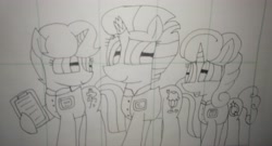 Size: 4991x2687 | Tagged: safe, artist:徐詩珮, imported from derpibooru, fizzlepop berrytwist, glitter drops, spring rain, tempest shadow, pony, unicorn, broken horn, clothes, female, glittershadow, horn, lesbian, lineart, mare, polyamory, shipping, springdrops, springshadow, springshadowdrops, traditional art