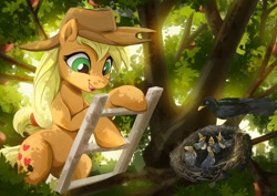 Size: 2100x1485 | Tagged: safe, artist:fidzfox, imported from derpibooru, applejack, bird, earth pony, pony, baby birds, cowboy hat, cute, dappled sunlight, female, hat, jackabetes, ladder, mare, nest, smiling, solo, stetson, tree