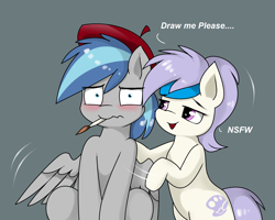 Size: 2104x1684 | Tagged: safe, artist:pencil bolt, imported from derpibooru, oc, oc:artstina, oc:dusty color, earth pony, pegasus, pony, beret, blushing, female, hat, headband, male, mare, stallion