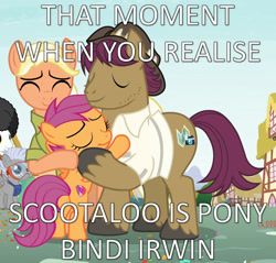 Size: 1130x1079 | Tagged: safe, deleted from derpibooru, edit, edited screencap, editor:feathertrap, imported from derpibooru, screencap, mane allgood, scootaloo, snap shutter, earth pony, pegasus, pony, the last crusade, bindi irwin, cropped, family, hug, meme, text