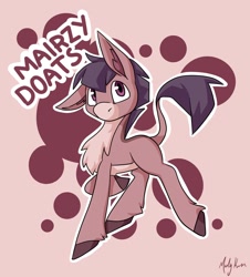 Size: 1280x1418 | Tagged: safe, artist:marly-kaxon, imported from derpibooru, oc, oc only, oc:mairzy doats, donkey, pony, adoptable, chest fluff, floppy ears, hooves, looking at you, raised hoof, signature, simple background, solo