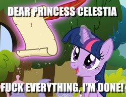 Size: 815x627 | Tagged: safe, edit, edited screencap, imported from derpibooru, screencap, twilight sparkle, pony, stare master, caption, cropped, dear princess celestia, done, female, image macro, letter, magic, quill, scroll, solo, text, this will end in tears and/or a journey to the moon, vulgar, writing