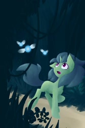 Size: 1280x1920 | Tagged: safe, artist:marly-kaxon, imported from derpibooru, oc, oc only, oc:sour note, insect, pony, unicorn, blank flank, everfree forest, female, floppy ears, forest, looking up, mare, open mouth, raised hoof, tree