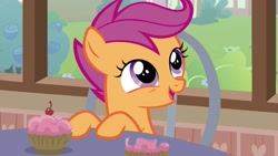 Size: 1920x1080 | Tagged: safe, imported from derpibooru, screencap, scootaloo, pony, the last crusade, cupcake, female, food, happy, solo