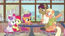 Size: 1920x1080 | Tagged: safe, imported from derpibooru, screencap, apple bloom, mane allgood, scootaloo, snap shutter, sweetie belle, pony, the last crusade, clothes, cupcake, cutie mark crusaders, female, food, happy, male, shirt