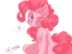 Size: 982x742 | Tagged: safe, artist:colorfulcolor233, artist:oofycolorful, imported from derpibooru, pinkie pie, earth pony, pony, blushing, chest fluff, cute, diapinkes, female, heart, leg fluff, looking at you, mare, one eye closed, pink, simple background, sitting, smiling, solo, white background, wink