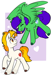 Size: 2000x2951 | Tagged: safe, artist:shibaroll, imported from derpibooru, oc, oc only, oc:covfefe cream, oc:raulix evergreen, pegasus, pony, unicorn, couple, cute, gay, male, oc x oc, shipping, stallion, tongue out, wings