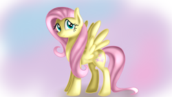 Size: 1280x720 | Tagged: safe, artist:jbond, imported from derpibooru, fluttershy, pegasus, pony, cute, female, gradient background, looking at you, looking sideways, mare, simple background, smiling, solo, spread wings, standing, wings