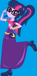 Size: 4345x9008 | Tagged: safe, artist:starman1999, imported from derpibooru, sci-twi, twilight sparkle, equestria girls, equestria girls series, festival filters, spoiler:eqg series (season 2), blue background, boots, clothes, cute, fanny pack, glasses, long skirt, looking at you, ponytail, raised leg, shoes, simple background, skirt, twiabetes