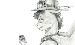 Size: 1400x845 | Tagged: safe, artist:baron engel, imported from derpibooru, oc, oc only, oc:squall, pegasus, pony, bowler hat, clothes, feather, female, goggles, hat, hoof hold, mare, monochrome, pencil drawing, pottery, simple background, solo, story included, traditional art, vest, white background