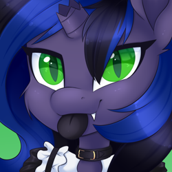 Size: 3000x3000 | Tagged: safe, artist:scarlet-spectrum, imported from derpibooru, oc, oc:kuro, bat pony, pony, bat pony oc, bleb, broken horn, clothes, collar, cute, horn, maid, tongue out