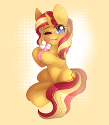 Size: 2609x3000 | Tagged: safe, artist:adostume, imported from derpibooru, sunset shimmer, pony, unicorn, :p, blushing, cheek fluff, cute, drink, female, hoof hold, mare, one eye closed, shimmerbetes, sitting, solo, straw, tongue out, wink