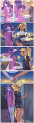 Size: 906x3300 | Tagged: safe, artist:xjenn9, imported from derpibooru, applejack, rarity, anthro, earth pony, unicorn, comic:best friends, adorasexy, arm behind head, clothes, comic, cute, date, dress, female, holding hands, jackabetes, lesbian, looking back, looking over shoulder, mare, missing horn, night, ponytail, raribetes, rarijack, sexy, shipping, smiling, zipper, zipper dress