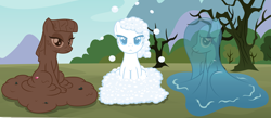Size: 3928x1716 | Tagged: safe, artist:badumsquish, derpibooru exclusive, imported from derpibooru, limestone pie, marble pie, maud pie, goo, goo pony, monster pony, original species, pony, soap pony, water pony, bubble, front view, frown, looking at you, mud, mud pony, rock, rock candy, rock farm, show accurate, sitting, smiling, soap, species swap, squishy, tree, trio, water