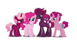 Size: 1232x694 | Tagged: safe, artist:qucels, imported from derpibooru, pinkie pie, tempest shadow, oc, earth pony, pony, unicorn, baby, baby pony, bandage, base used, bowtie, broken horn, colt, eye scar, family, female, foal, horn, lesbian, magical lesbian spawn, male, mare, offspring, parent:pinkie pie, parent:tempest shadow, parents:tempestpie, scar, shipping, stallion, tempestpie