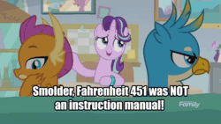Size: 1920x1080 | Tagged: safe, edit, edited screencap, editor:infinite winter, imported from derpibooru, screencap, gallus, smolder, starlight glimmer, dragon, griffon, unicorn, student counsel, angry, animated, book, book cover, caption, cover, fahrenheit 451, female, gallus is not amused, gallus' book, idgaf, image macro, male, meme, naughty, no sound, smug, starlight's office, text, webm, worth it