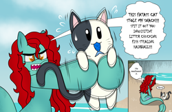 Size: 3910x2550 | Tagged: safe, artist:takaneko13, imported from derpibooru, oc, oc only, oc:meril altum, cat, fish, original species, pony, shark pony, beach, curious cat, curiouscat, dialogue, female, mascot, ocean, sand