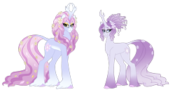 Size: 1236x646 | Tagged: safe, artist:faith-wolff, imported from derpibooru, tree of harmony, oc, oc only, oc:harmony (heilos), kirin, fanfic:the bridge, before and after, cloven hooves, colored hooves, fanfic art, female, flower, flower in hair, flower in tail, goddess, long description