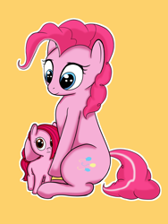 Size: 1134x1504 | Tagged: safe, artist:crabs_of_steam, imported from derpibooru, pinkie pie, oc, oc:pebble pop pie, earth pony, pony, /mlp/, 4chan, duo, female, filly, happy, mare, mother and daughter, offspring, parent:pinkie pie, simple background, yellow background