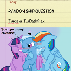 Size: 612x612 | Tagged: safe, artist:starfall842, edit, imported from derpibooru, rainbow dash, trixie, twilight sparkle, alicorn, pony, blushing, chest fluff, female, hug, lesbian, polyamory, shipping, trixdash, twidash, twilight sparkle (alicorn), twixie, winghug