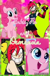 Size: 682x1024 | Tagged: safe, artist:marissa8224, edit, edited screencap, imported from derpibooru, screencap, pinkie pie, earth pony, pony, my little pony: the movie, art trade, collage, crossover, demencia, latin american, melissa gedeón, villainous, voice actor joke