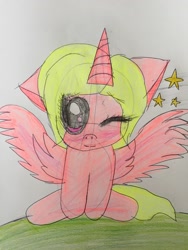 Size: 3264x2448 | Tagged: safe, artist:vabessa2006, imported from derpibooru, oc, oc only, alicorn, pony, alicorn oc, one eye closed, solo, traditional art, wink