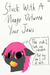 Size: 800x1200 | Tagged: safe, artist:snow quill, imported from derpibooru, oc, bat pony, bat pony oc, cover art, food, link in description, mango, the risk i took was calculated, thought bubble