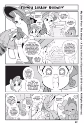 Size: 1066x1600 | Tagged: safe, artist:nekoshiei, imported from derpibooru, seven seas, rarity, spike, sweetie belle, dragon, pony, unicorn, my little pony: the manga, my little pony: the manga volume 1, spoiler:manga, spoiler:manga1, adorable face, bow, carousel boutique, clothes, curious, cute, cutie mark, diasweetes, drake, dress, elegant, excited, fancy letter readin', female, filly, foal, half-lidded eyes, happy, hat, heart, in love, indignant, letter, love, magic, magic aura, male, manga, manga style, mare, monochrome, my little pony: the manga - a day in the life of equestria, official content, official preview, preview, promo, spikabetes, starry eyes, teasing, the cmc's cutie marks, wingding eyes, winged spike, wings