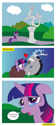 Size: 599x1335 | Tagged: safe, artist:conikiblasu-fan, imported from derpibooru, discord, twilight sparkle, draconequus, pony, unicorn, coils, comic, discolight, female, floating heart, heart, kissing, male, petrification, shipping, simple background, statue, straight, transparent background, unicorn twilight