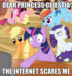 Size: 622x663 | Tagged: artist needed, source needed, safe, imported from derpibooru, applejack, fluttershy, pinkie pie, rainbow dash, rarity, twilight sparkle, earth pony, pegasus, pony, unicorn, computer, computer mouse, dear princess celestia, female, golden oaks library, implied porn, mane six, mare, meme, pinkamena diane pie, reaction image, shocked, the internet, unicorn twilight