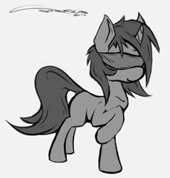 Size: 874x914 | Tagged: safe, artist:ferasor, imported from derpibooru, oc, oc only, pony, unicorn, blindfold, monochrome, raised hoof, signature, simple background, sketch, solo, white background