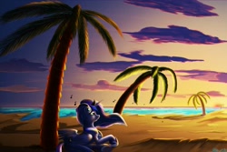 Size: 1095x730 | Tagged: safe, artist:bluenight01, imported from derpibooru, princess luna, alicorn, pony, beach, cute, female, headphones, hoof shoes, jewelry, lunabetes, mare, music notes, ocean, palm tree, regalia, solo, sunset, tree, water