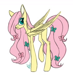 Size: 1280x1360 | Tagged: safe, artist:donnie-moon, imported from derpibooru, fluttershy, pegasus, pony, eye clipping through hair, female, hair ornament, hair over one eye, looking at you, mare, simple background, smiling, solo, standing, three quarter view, white background, wings