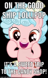 Size: 620x1000 | Tagged: safe, imported from derpibooru, cozy glow, pony, bright eyes (film), caption, cozy glow is best facemaker, cozybetes, cute, female, foal, happy, image macro, meme, open mouth, shirley temple, smiling, solo, song reference, text