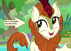 Size: 1008x720 | Tagged: safe, edit, edited screencap, imported from derpibooru, screencap, autumn blaze, kirin, sounds of silence, arrow, awwtumn blaze, captain obvious, cropped, cute, forest, smiling, text, truth