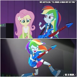 Size: 1000x1000 | Tagged: safe, edit, edited screencap, imported from derpibooru, screencap, fluttershy, rainbow dash, equestria girls, rainbow rocks, awesome as i want to be, caption, i'll make a man out of you, image macro, mulan, music, song, song reference, text