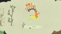 Size: 1920x1080 | Tagged: safe, imported from derpibooru, screencap, the great seedling, deer, dryad, elk, pony, going to seed, branches for antlers, eyes closed, female, prancing, spirit